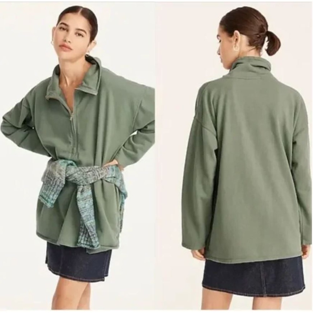 J CREW University Terry Half-Zip Tunic Sweatshirt Mockneck Pale Cypress Green M